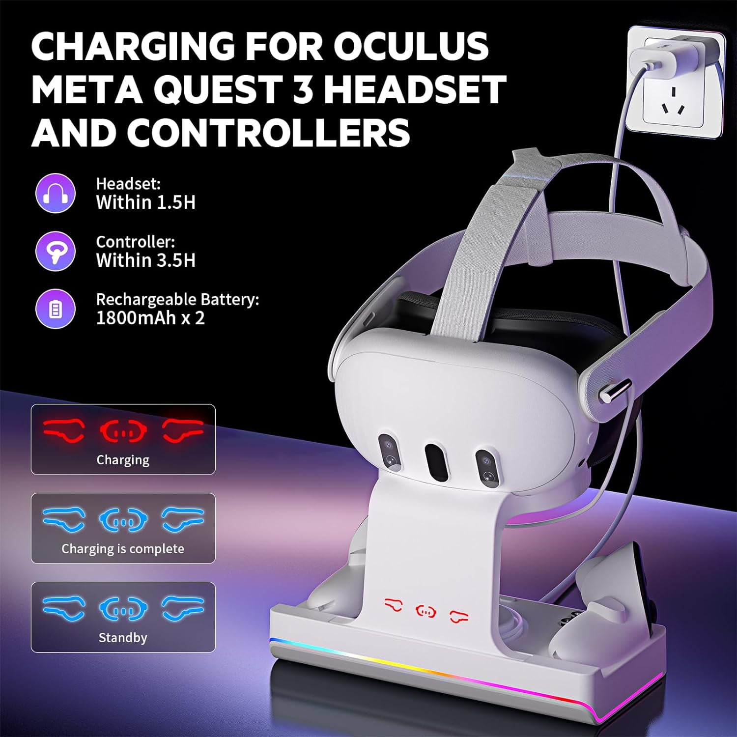 Jys MQ001 Para Oculus / Meta Quest 3 Magnetic Carging Dock RGB Light VR  Auriculares Soporte VR Accesorios-TVC-Mall.com