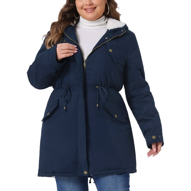 Abrigos de mujer de talla grande GRACE & GRANDEUR con forro de piel sintética, abrigos largos, anorak casual, abrigo con capucha 1X azul marino