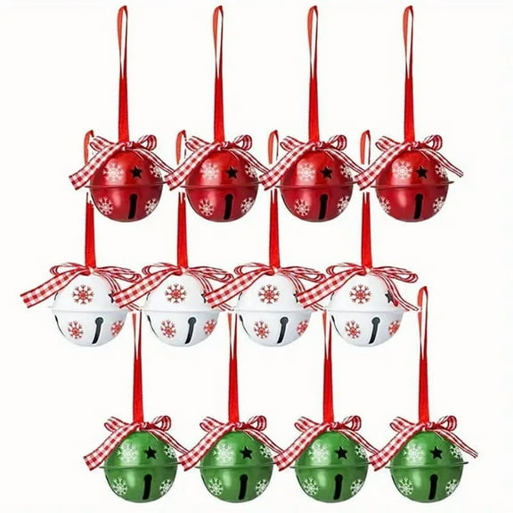 12pcs Christmas Metal Sleigh Bells 2 Inch Xmas Bells with Star Cutout Bow Hanging Christmas Jingle Bells Ornaments for Crafts Home Decor, Multi Color