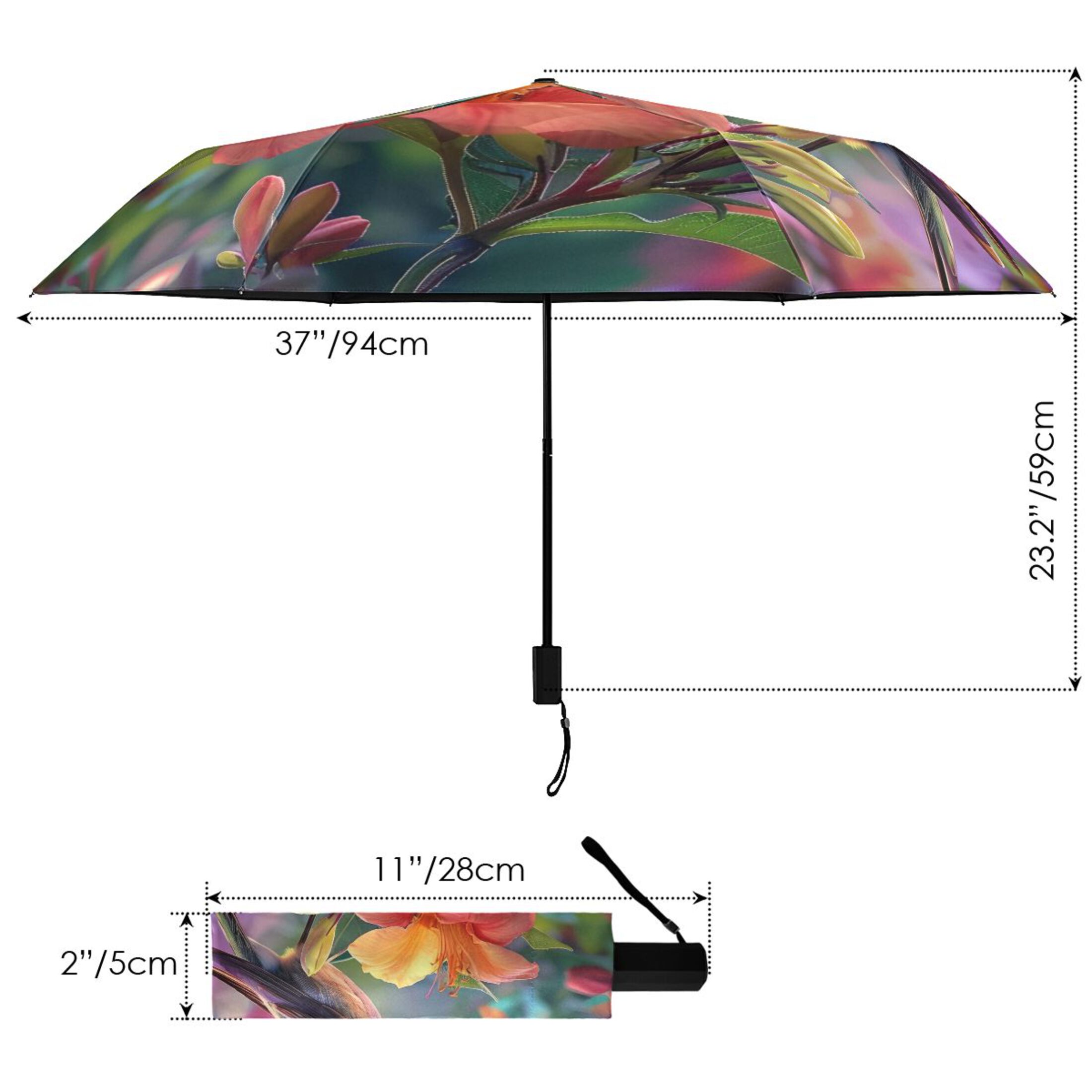 Birds in Florals All Weather Umbrella Triple Folding Parasol 6 Ribs UV Protection Portable
