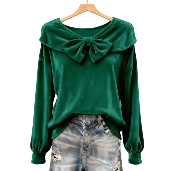 Guluxicc Womens Velvet Tunic Tops Casual Cute Bow Solid Color Shirts Crewneck Long Sleeve Pullover Tops, Green, 2XL