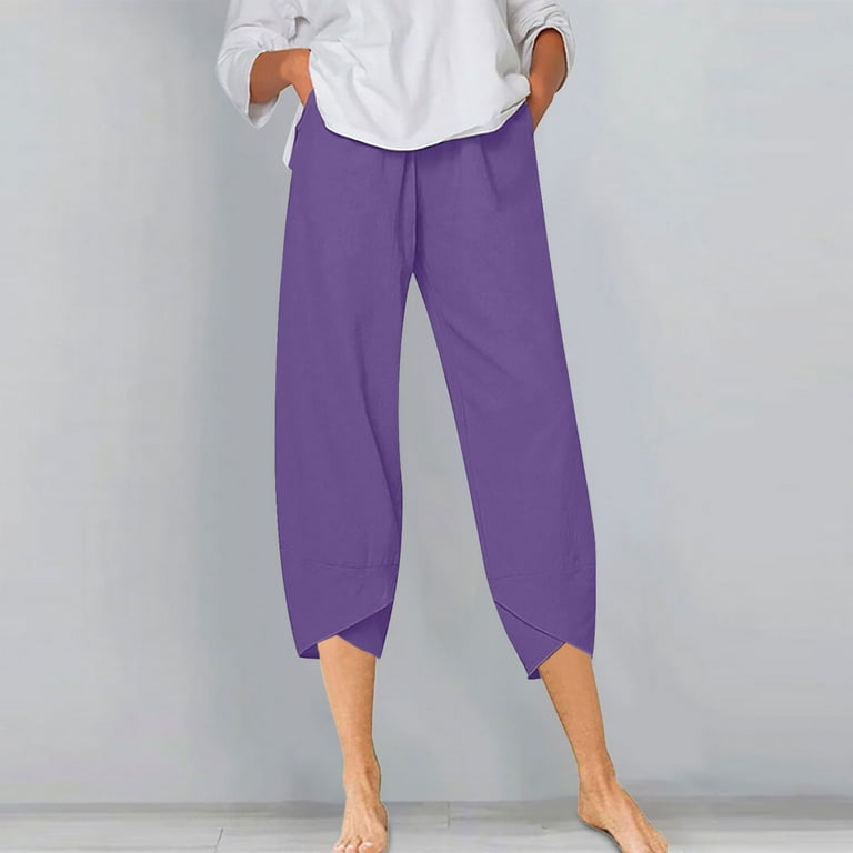 Womens Cotton Linen Capri Pants Summer Elastic High Waist Wide Leg Pants  Casual Loose Lounge Trousers with Pockets