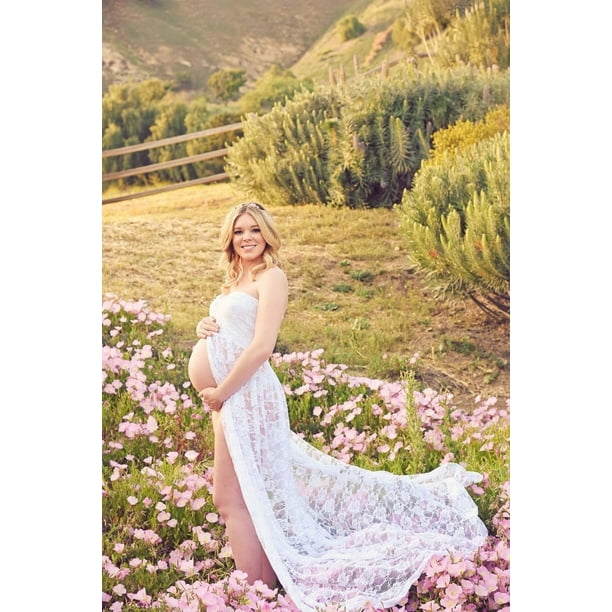 Vestido de maternidad Accesorios de fotografía Vestido largo de embarazo elástico de encaje para mujeres embarazadas para sesión de fotos Licencia de maternidad BLANCO L oso de fresa Electrónica
