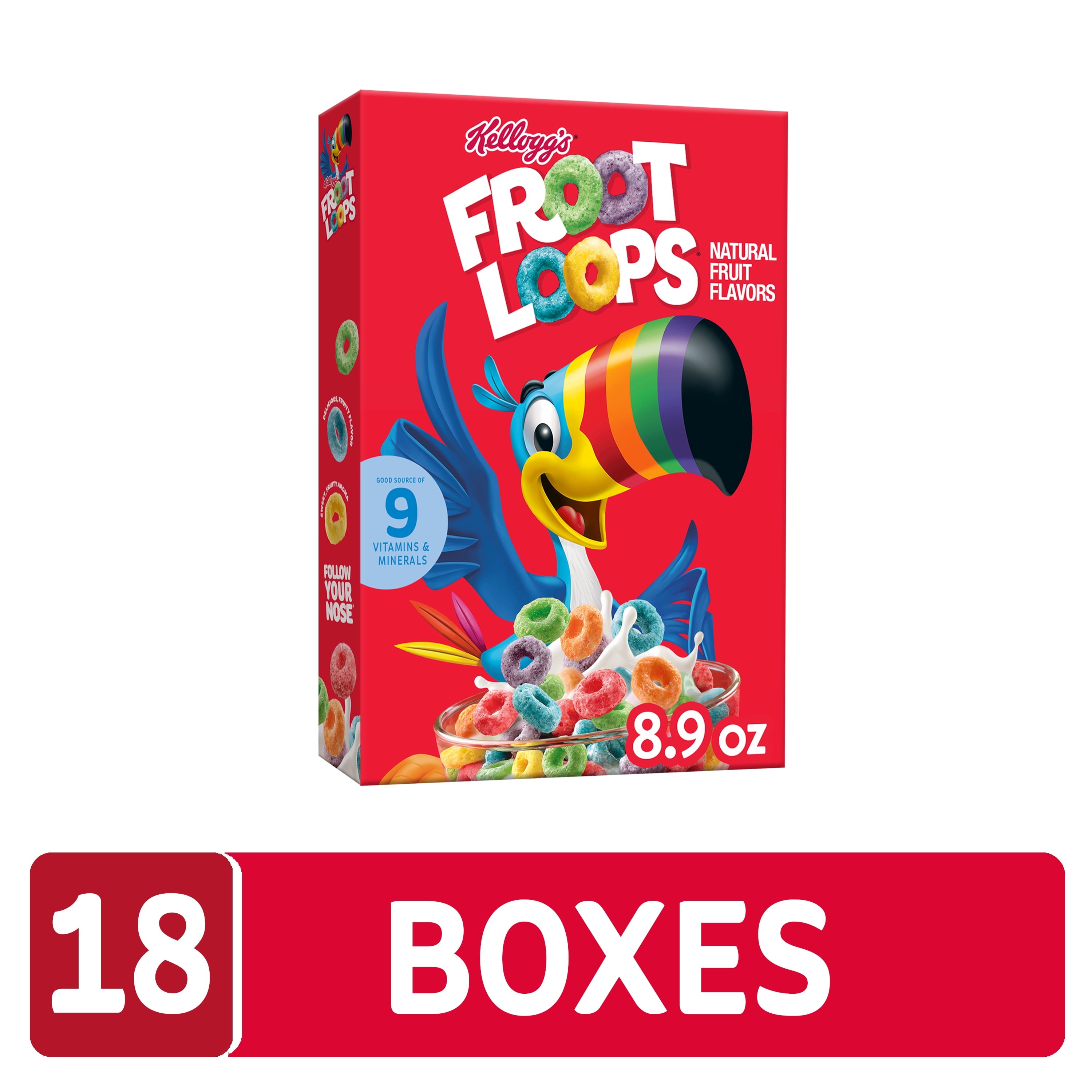 (18 pack) Kellogg's Froot Loops Breakfast Cereal, Kids Cereal, Family Breakfast, Original, 8.9oz Box (1 Box)