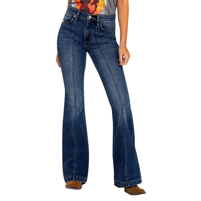 Women's Spliced Flared Jeans Mid-Rise Denim Trousers - Black/Dark Blue/Light Blue (M-4XL)