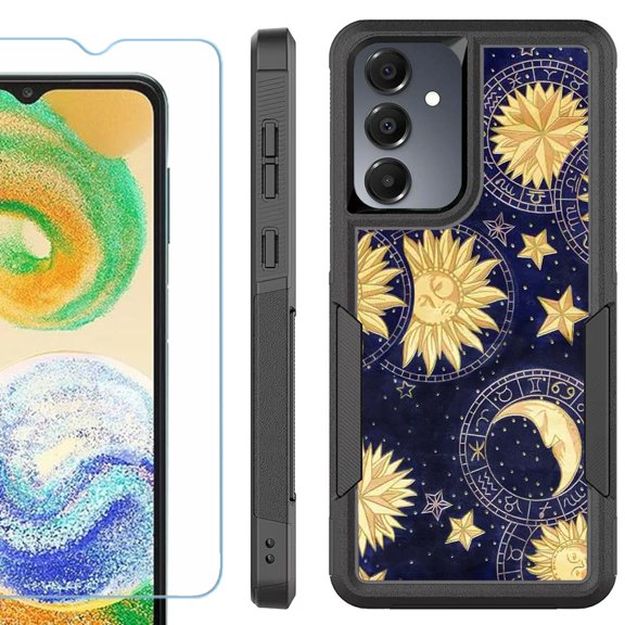 Heavy Duty Dual Layer Hybrid Phone Case for Samsung Galaxy S24 FE 5G with Tempered Glass Screen Protector, by OneToughShield - Moon Sun Star