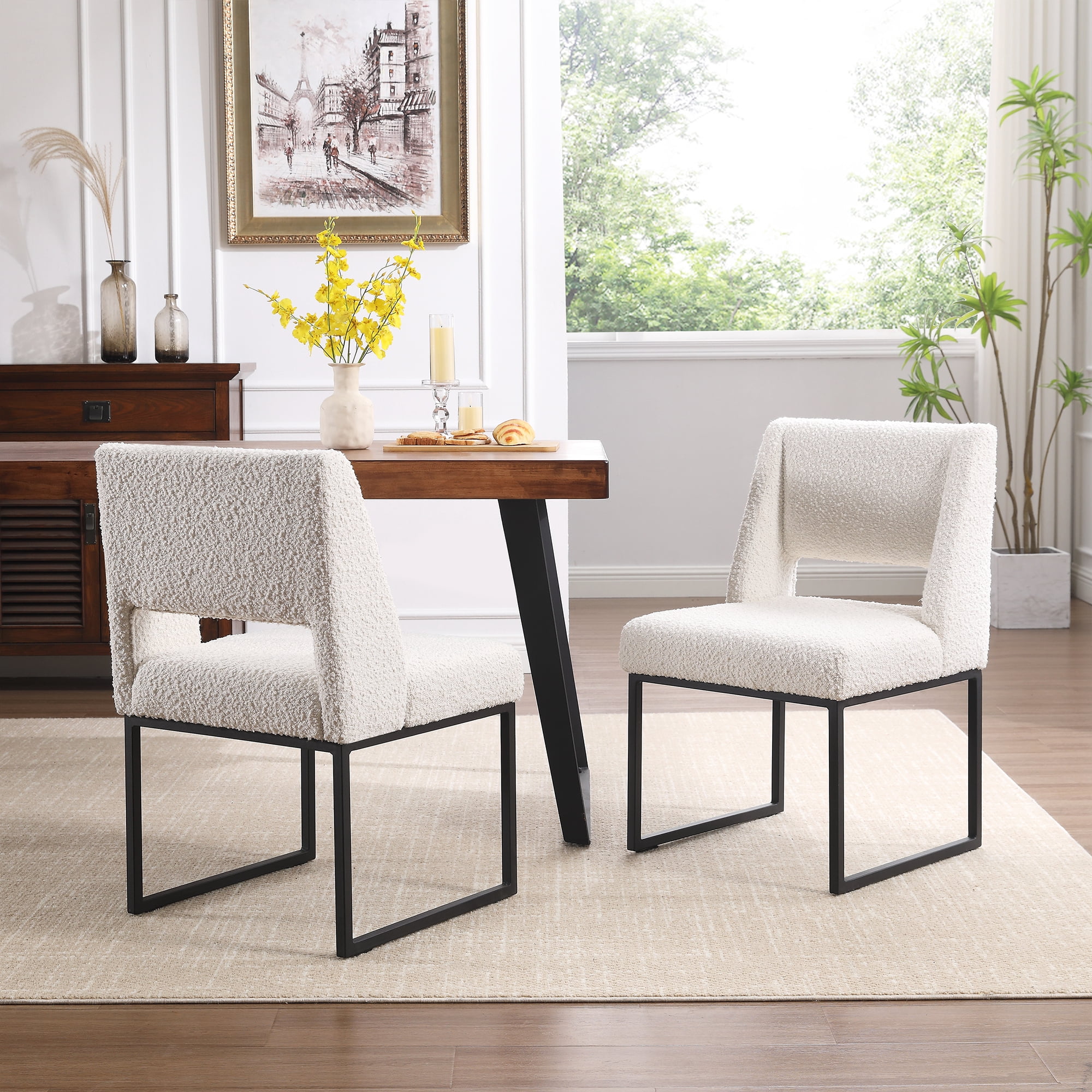 Zesthouse 18.3" Modern Dining Chairs Set of 4, Boucle Fabric Dining Room Chairs with High Back and Metal Legs, Armless Upholstered Side Chair for Dining Room Kitchen, White