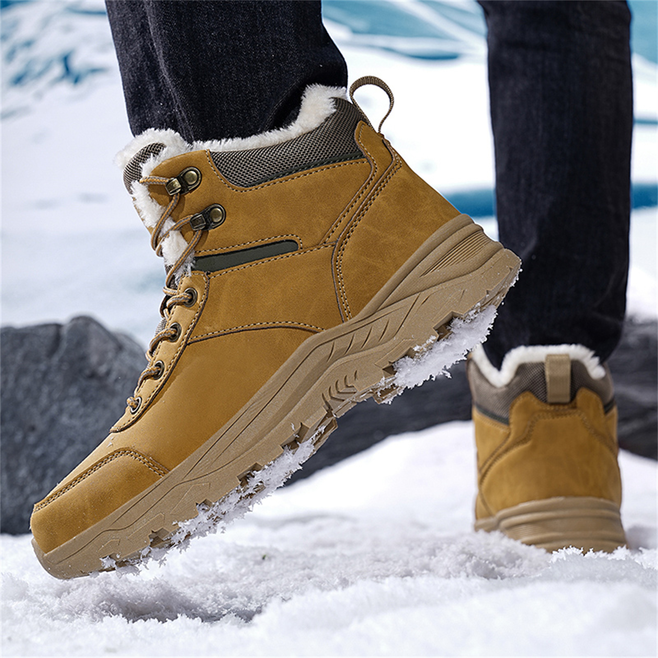YOURDIARY Men's Ankle High Waterproof Hiking Boots Outdoor Snow Boots Trekking Trails Shoes Faux Fur Lining