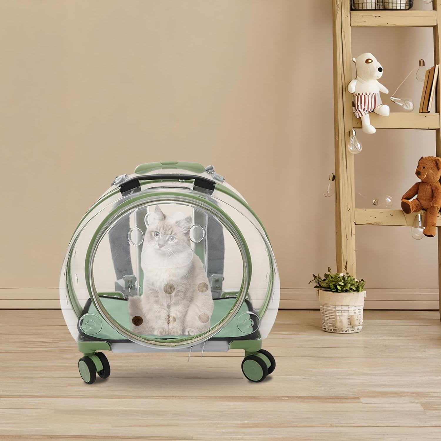 Miumaeov Cat Carrier with Rolling Wheels, Clear Pet Trolley Case Pet Backpack with Multiple Ventilation Holes for Cats and Dogs, Green