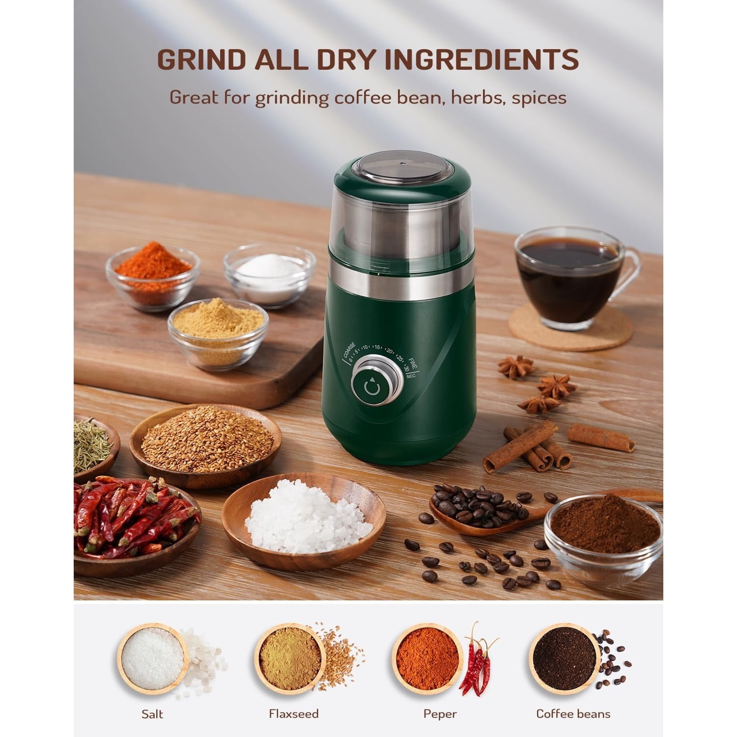 Electric Super Silent Blade Coffee Grinder, Timed Grind Control Rotary Knob, Adjustable Coarse to Fine for Coffee Beans, Spices & Herbs, with 1 Removable Stainless Steel Bowl, Green