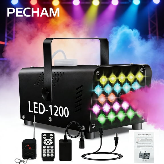 Pecham 1200W Fog Machine, 24 Colorful LED Smoke Machine Stage Lighting with 3000CFM Fuse Protection, Mini Wireless Remote Control Mode for Easter Halloween Wedding DJ Show Concert Bar Party