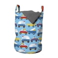 thumbnail image 1 of Cartoon Laundry Bag, Puppy in Cars Traffic Jam Surfboard Beach Road, Hamper Basket with Handles Drawstring Closure for Laundromats, 13" x 19", Sea Blue Earth Yellow, by Ambesonne, 1 of 4