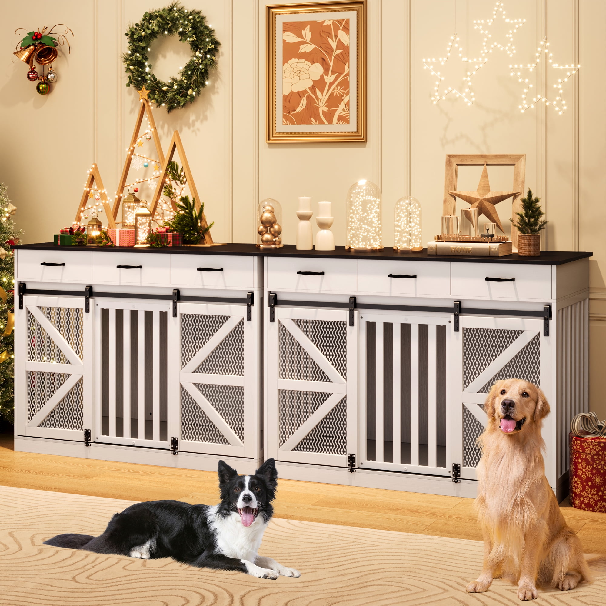 Casendy Dog Crate Furniture with Adjustable Divider for 2 Dogs, Heavy Duty Dog Kennels with 3 Drawers and Sliding Doors, Media Console Dog Cage for Living Room, White