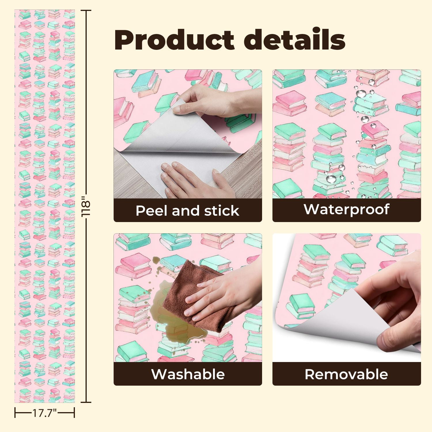 Peel and Stick Wallpaper Watercolor Stack Books Soft Pastel Colors Pink Wall Mural 17.7in x 9.8ft Self Adhesive Removable Wall Paper Renter Friendly Wallpaper for Nursery Bedroom Classroom