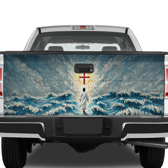 Lotusprinthandmade Jesus Christ Walking On Water Tailgate Wrap 2 Sizes (24"x58"), Faith-Based Truck Wrap, Religious-Themed Tailgate Wrap