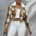 thumbnail image 2 of Women's Cropped Plaid Shacket Jackets Faux Fur Lapel Collar Button Down Flannel Shirts Outerwear Fall Short Tops (M, Coffee), 2 of 6
