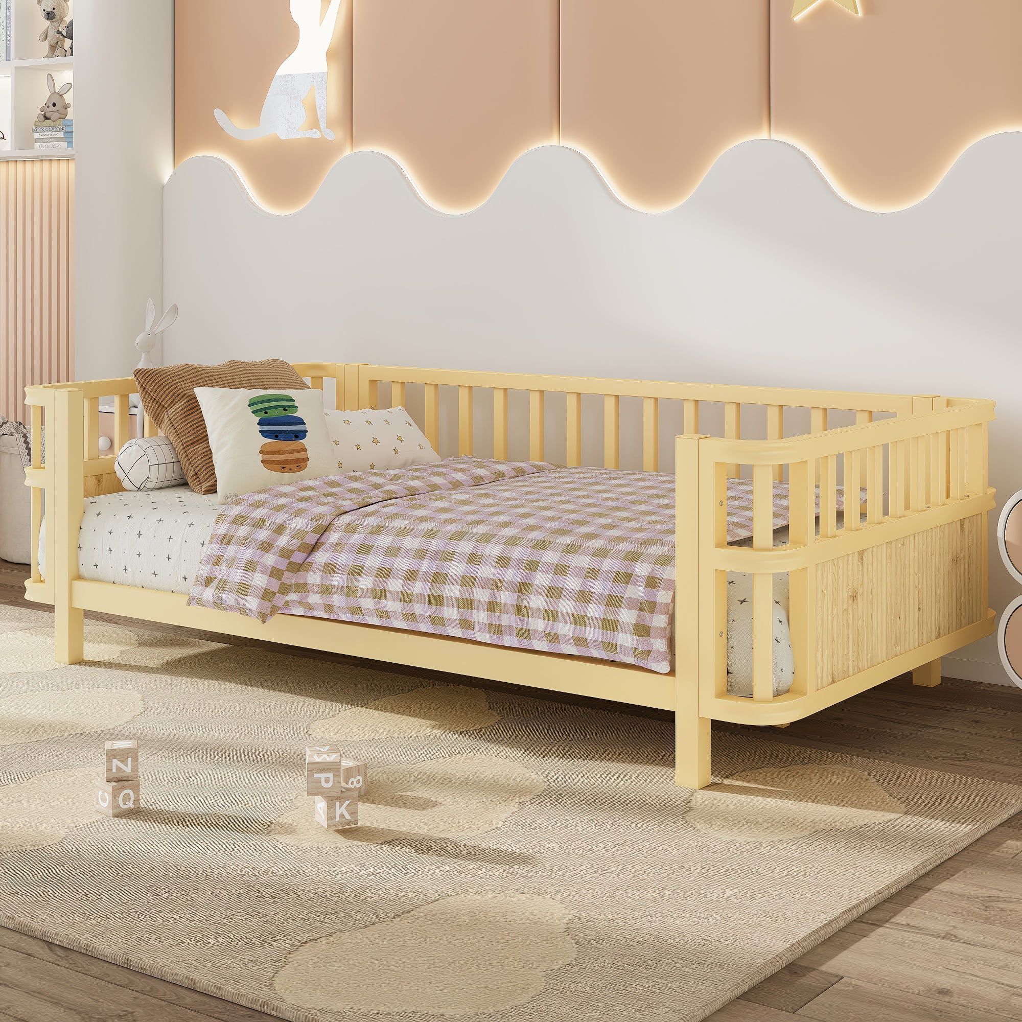 PORKISS Twin Size Platform Bed, Solid Wood Toddler Bed with Fence Guardrail, Twin Size Bed Frame for Kids Boys Girls, Montessori Bed, No Box Spring Needed, Natural