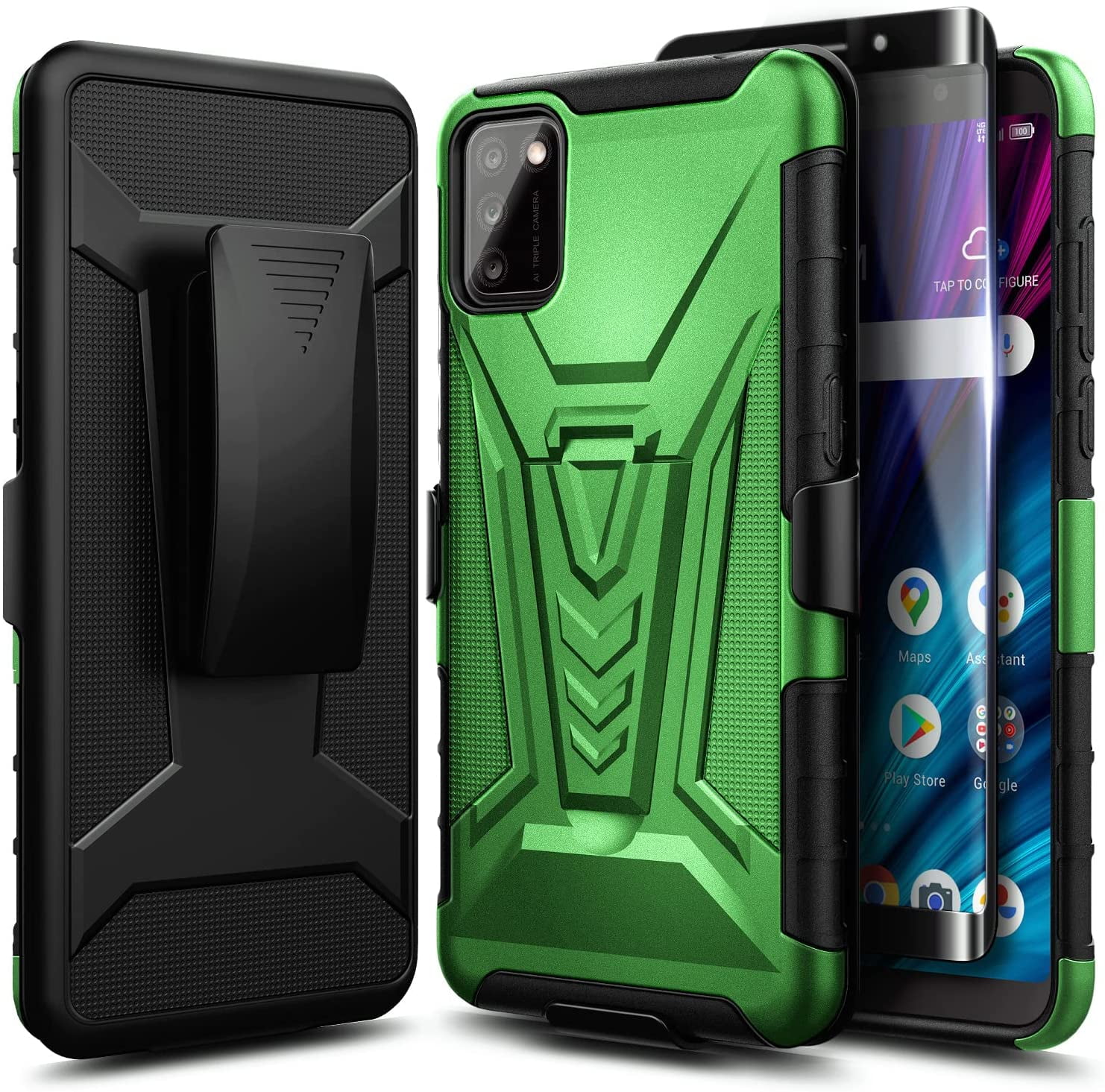 Nagebee Case for Alcatel TCL A3X (A600DL) with Tempered Glass Screen Protector (Full Coverage), Belt Clip Holster with Built-in Kickstand, Heavy Duty Shockproof Armor Rugged Case (Green)