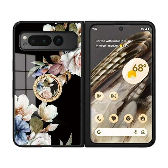 Dteck for Google Pixel Fold Case with Dimaond Ring Holder Stand, Lightweight Slim Glass Back with Flower Pattern Soft Bumper Hybrid Shockproof Phone Cover for Google Pixel Fold 2023,Black