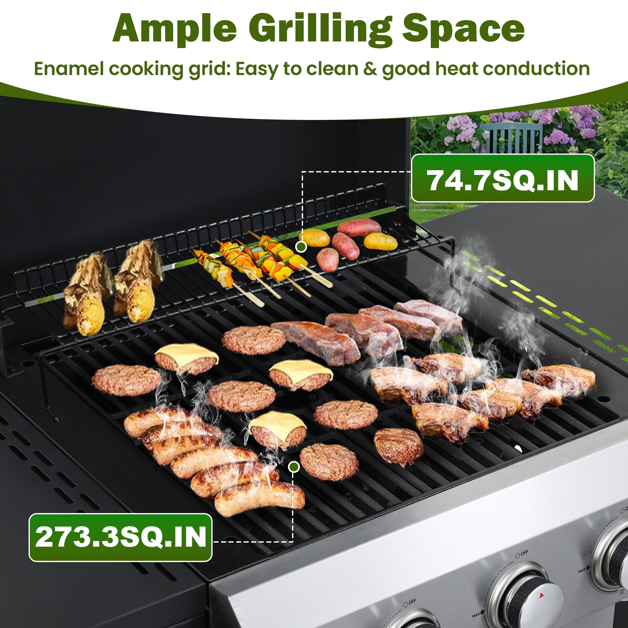Seizeen 3-Burner Propane Gas Grill, Outdoor 2-IN-1 BBQ Grill & Griddle, Portable Combo Grills Stainless Steel, W/Two Foldable Shelves, Two Cooking Areas, Wheels