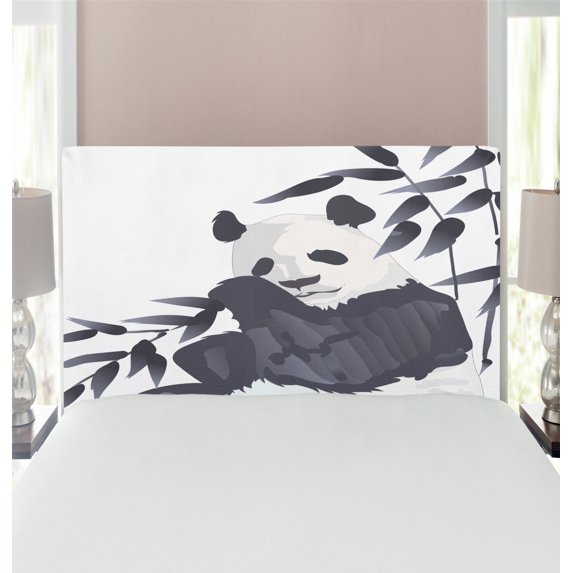 Panda Headboard, Giant Panda Bear Sitting in Zoo Traditional Chinese Painting Monochrome Picture, Upholstered Decorative Metal Bed Headboard with Memory Foam, Twin Size, Cadet Blue White, by Ambesonne