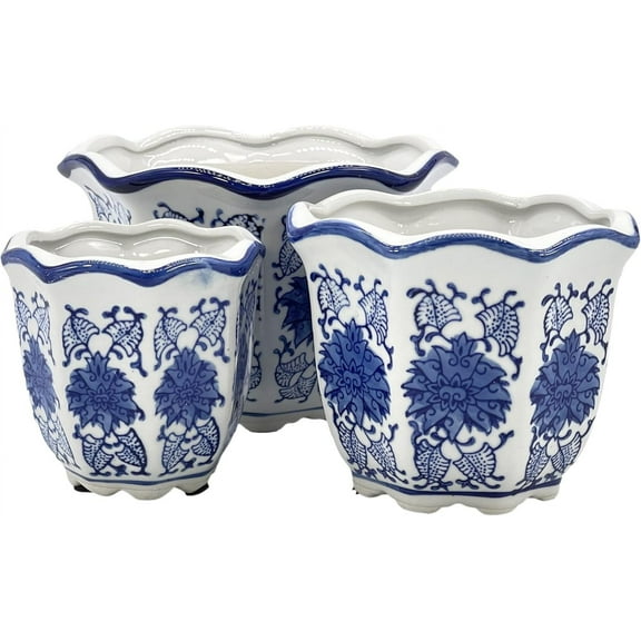 Galt International Blue & White Floral Porcelain Ceramic Decorative Flower Pot 8"/6"/4.5" Garden Pots Chinese Asian Design - Set of 3 Cylinder Fluted Edge