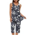 thumbnail image 3 of BiZtdJrK Womens 2 Piece Outfits Casual Sleeveless Tank Tops and Cropped Pants Lounge Set Trendy Print Pleated Crewneck Shirts Capris Sleepwear Suits Ofertas Flash Del Dia Dark Gray M, 3 of 7