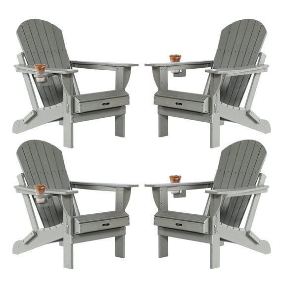 Withniture Folding Adirondack Chair Set of 4,HDPE Adirondack Chair with Cup Holder,Wood Texture All-Weather Adirondack Chair,Outdoor Plastic Fire Pit Chair for Patio, Deck, and Garden,Gray 4 Piece