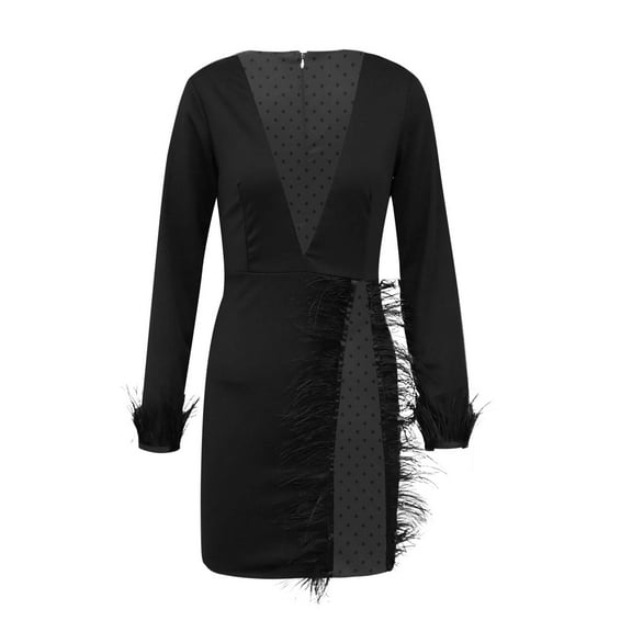 LLYwey Cocktail Dresses for Women with Sleeves V-Neck Long Sleeve Color Mesh Stitch Feather Casual Mini Dress New Casual Dresses Black L