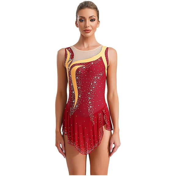 Kaerm Women Glittery Rhinestone Lyrical Dance Dress Sleeveless Figure Skating Leotard Burgundy S