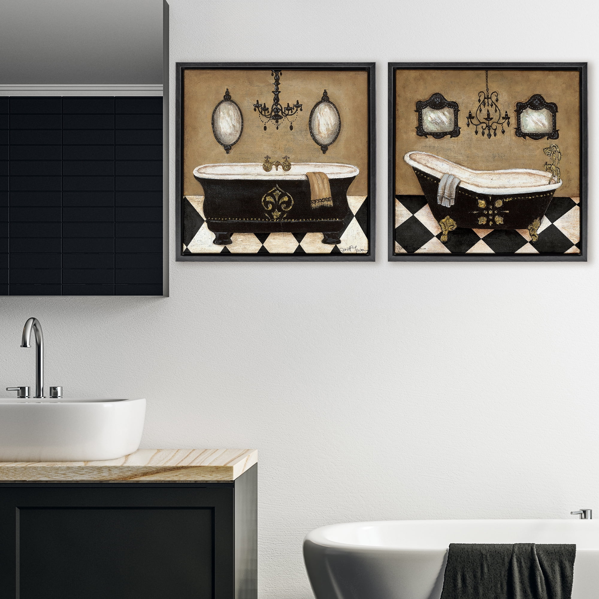 Stupell Industries Elegant Bathroom with Chandeliers 2 Piece Black Framed Floater Canvas Set, design by Janet Tava