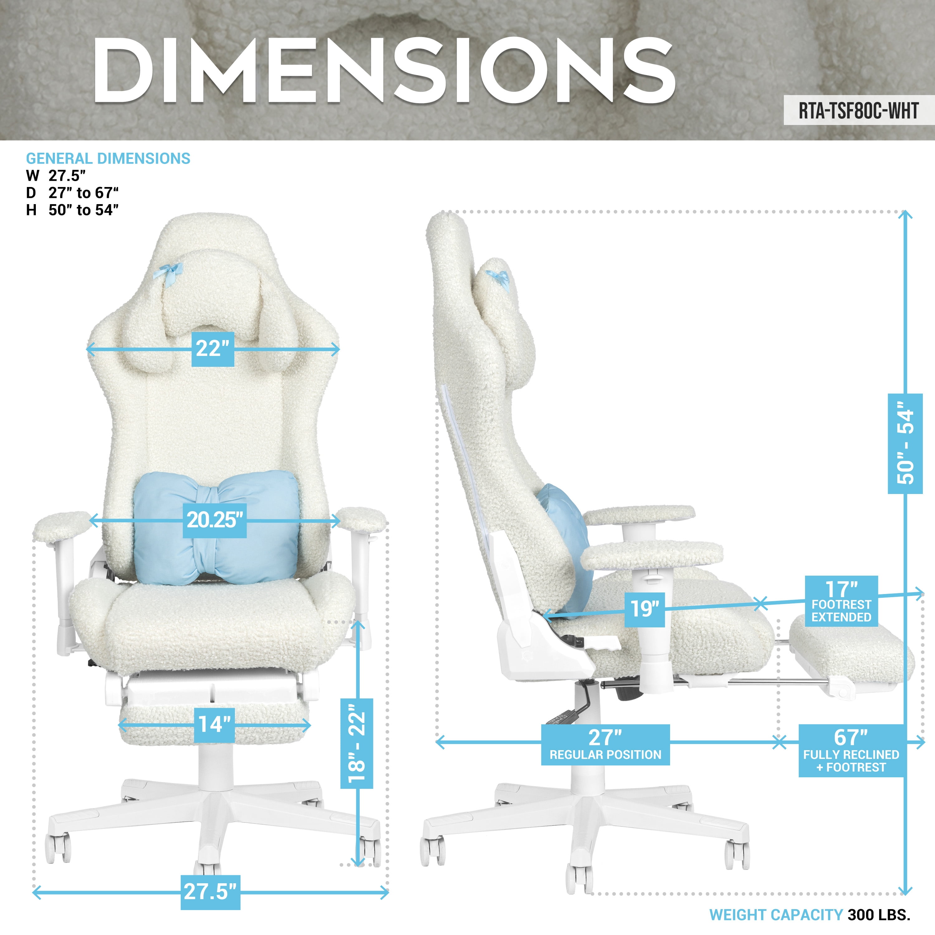 Techni Sport White Bunny Gaming Chair – Bouclé Fabric, Lumbar Pillow, Footrest, Headrest Pillow, Adjustable