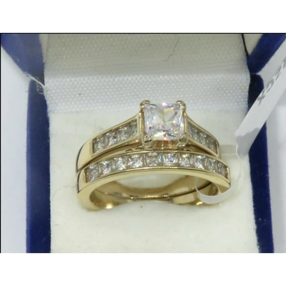 Classic Princess Cut Solitaire Channel Set Bridal Ring Set for Engagement In 925 Silver 14K Yellow Gold Plated