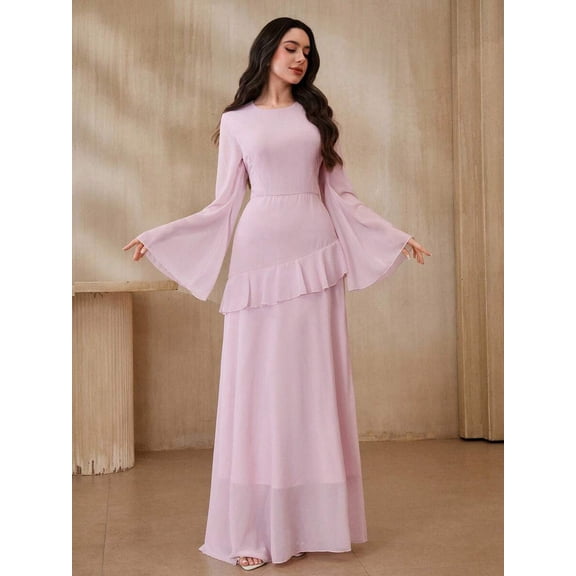 Pink Solid Color Bell Sleeve Ruffle Hem Flowy Maxi Dress For Women