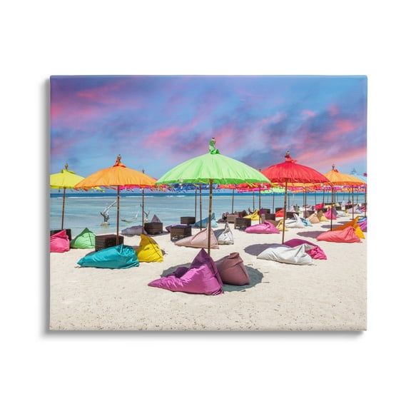 Stupell Industries Beach Umbrellas on Shore Landscape Photography Gallery Wrapped Canvas Art Print Wall Art, 20 x 16