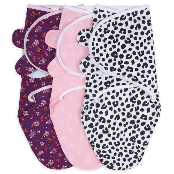 The Peanutshell Swaddle Blankets for Baby Girls, Cheetah & Ditsy Floral, 3 Pack Wrap Set, 2 Sizes (Medium/Large)