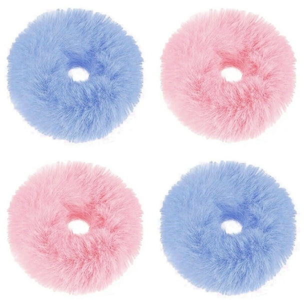 Juego de 2 piezas de diademas de conejo de piel sintética de felpa rosa y azul, soporte para diadema elástica para el cabello esponjoso y crujiente, pelo trenzado de cola de caballo con bolas de