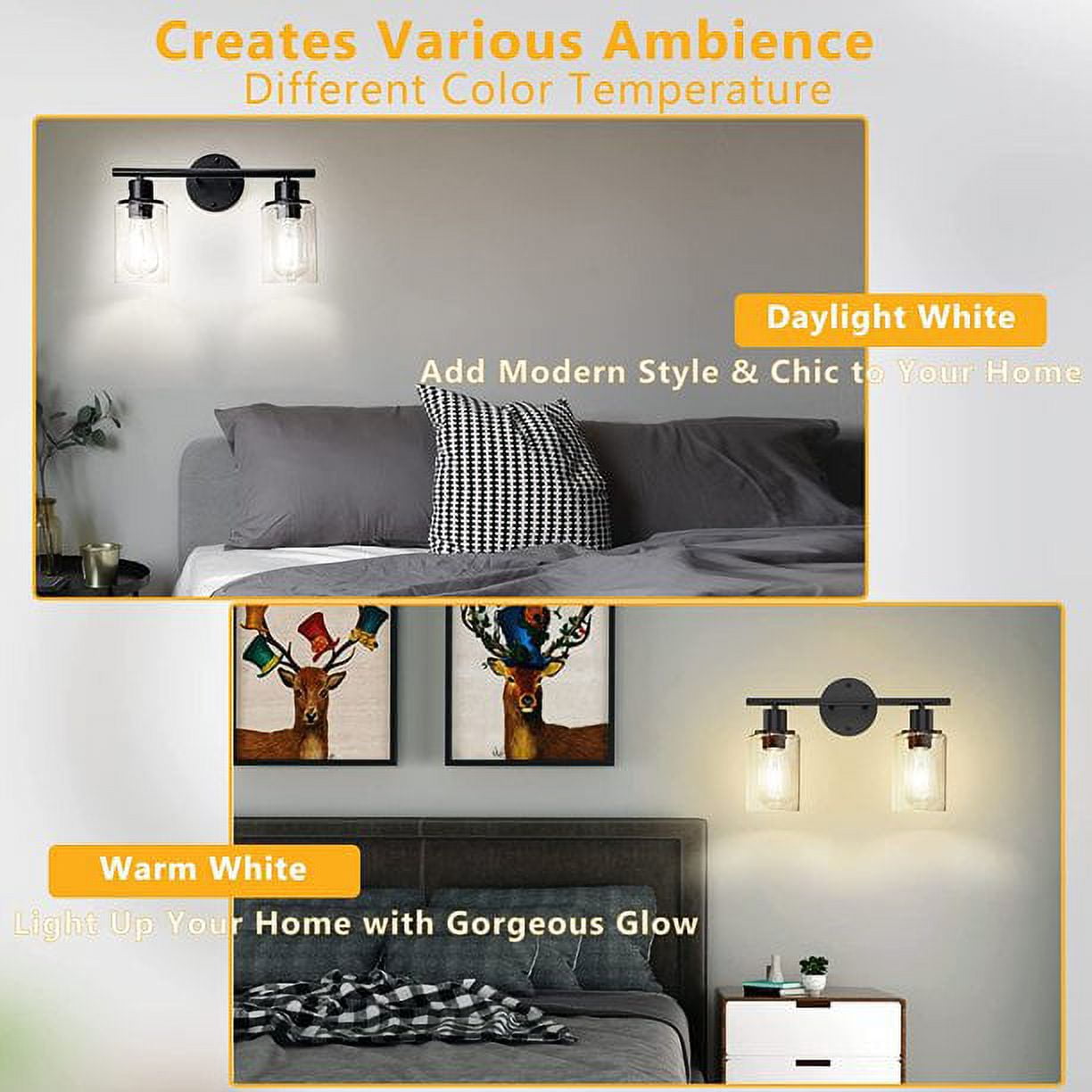 Bathroom Light Fixtures 2 Light Matte Black Vanity Light, Vintage Wall Sconces Lighting Modern Bath Wall Mounted Lights with Glass