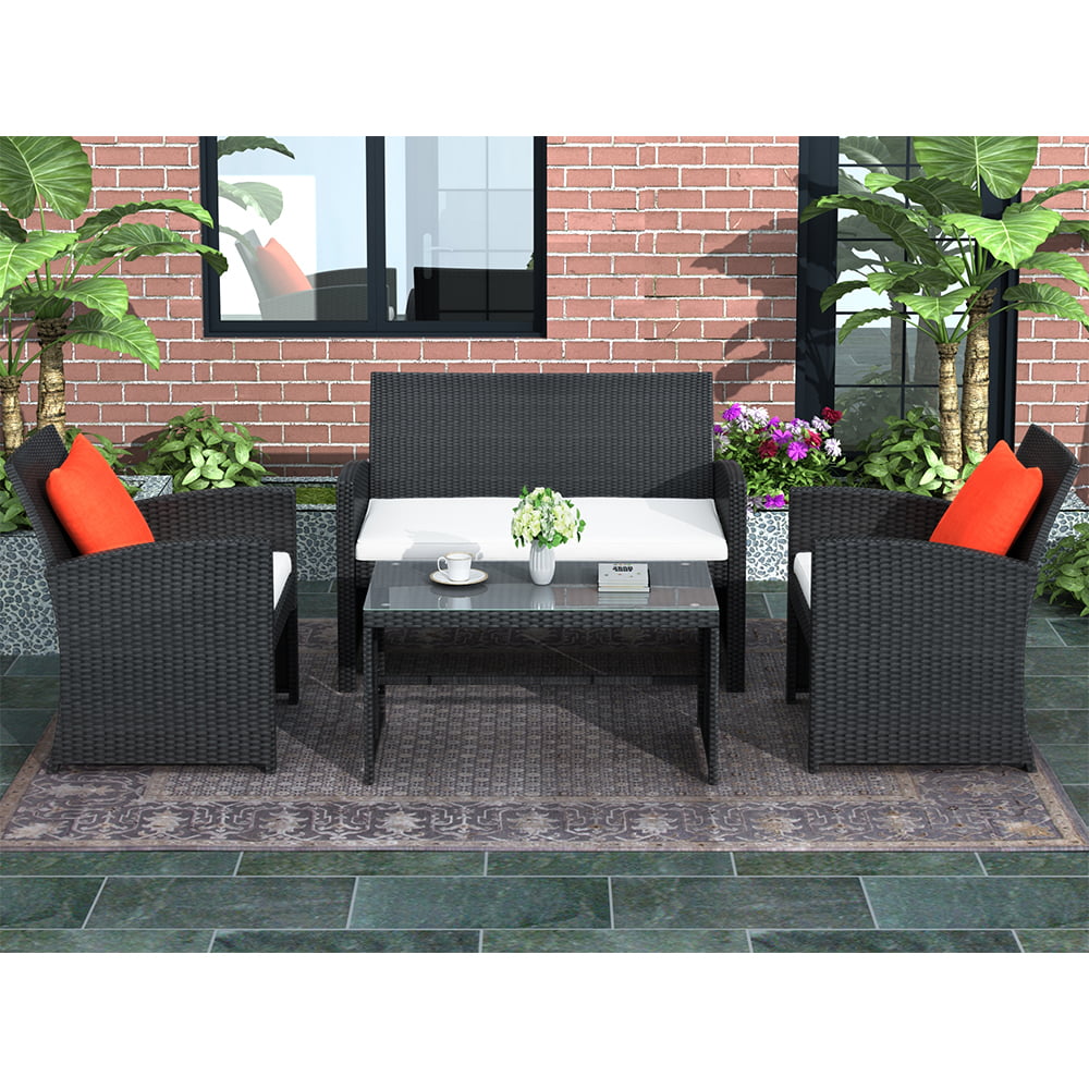 4-Piece Patio Furniture Set Clearance in Patio & Garden, Outdoor Wicker Sofa Rattan Chair Garden Conversation Set for Backyard with Two Single Sofa, One Loveseat, Tempered Glass Table, Q8572