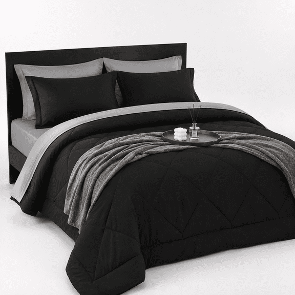 Black/Dark Grey Queen 7-Piece Reversible Microfiber Bed-in-a-Bag Comforter Set