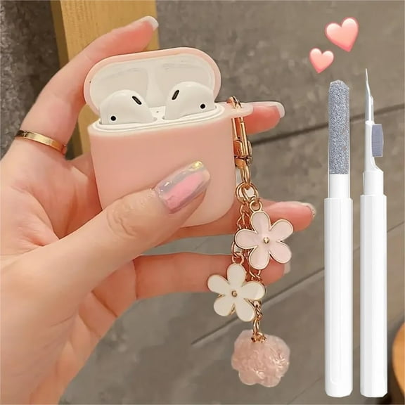 Cute Case for Airpods 2nd/1st Generation Cover for Girl Women with Pom pom Flower Keychain & Cleaner Kit, Soft Silicone Airpods iPod 2nd/1st Gen Protective Cover Skin for Airpods 2/1, Pink