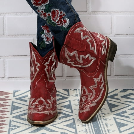 

Women‘s V-cut Western Short Boots Low Chunky Heel Pointed Toe Shoes Solid Color Cowgirl Shoes