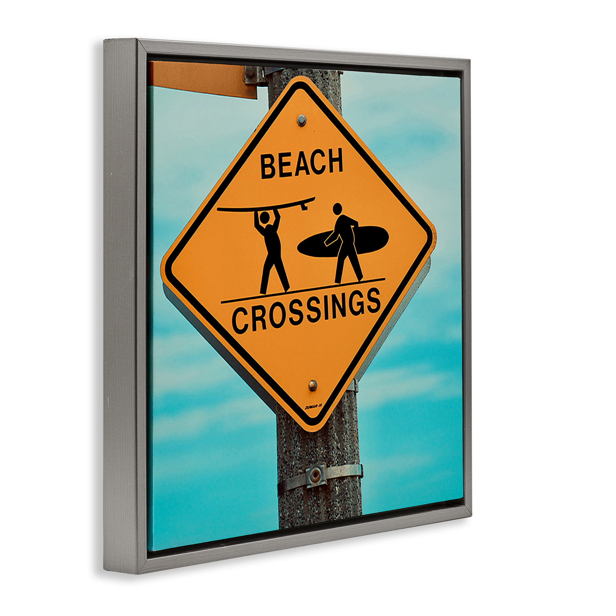 Stupell Industries Beach Crossing Sign Nautical & Beach Photography Gray Floater Framed Canvas Art Print Wall Art, 25 x 25
