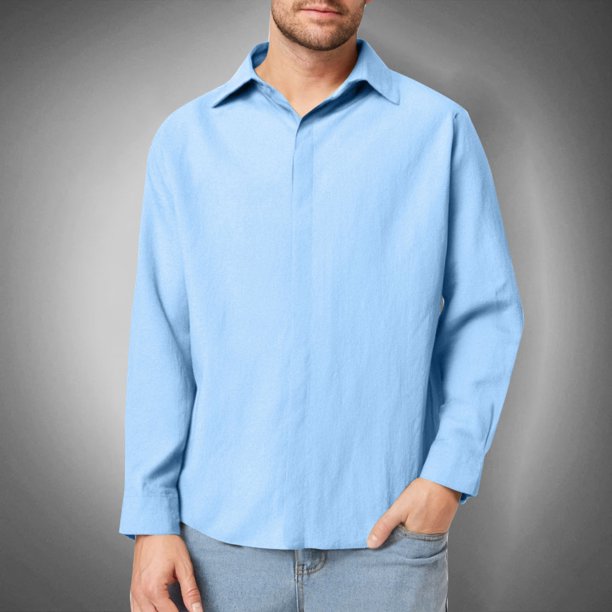 Blusa y camisa de manga larga con cuello vuelto para hombre, color liso, informal, a la moda, con solapa y botones, de poliéster.