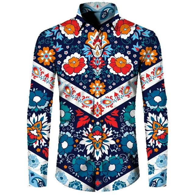 Camisa de moda para hombre, estampado 3D de flores de anacardo de cachemira, cuello vuelto, botones, manga larga, ropa de calle vintage para hombre y mujer