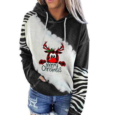 

Long Sleeve Color Block Hoodies for Womens Reindeer Hooded Sweater Stylish Roundneck Pullover Top