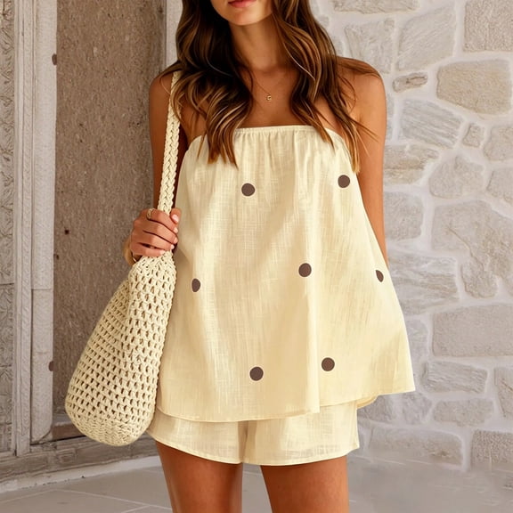 Womens 2 Piece Outfits Short Sets Strapless Summer Polka Dot Shorts Casual Loose Fit Tank Top Vacation Shorts Matching Sets Yellow L