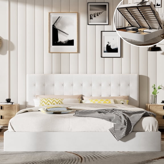 VELOCAVA King Size Upholstered Storage Bed with Lift-up Hydraulic Storage, Button Tufted Headboard, White
