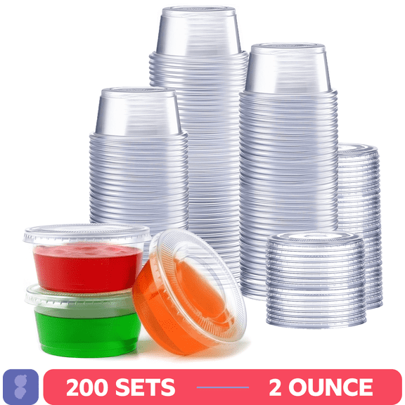 GUSTO 2 oz Jello Shot Cups with Lids, Plastic Portion Cups with Lids, Disposable Condiment Cups and Sauce Containers for Dressings, Dips and Samples, 200 Sets