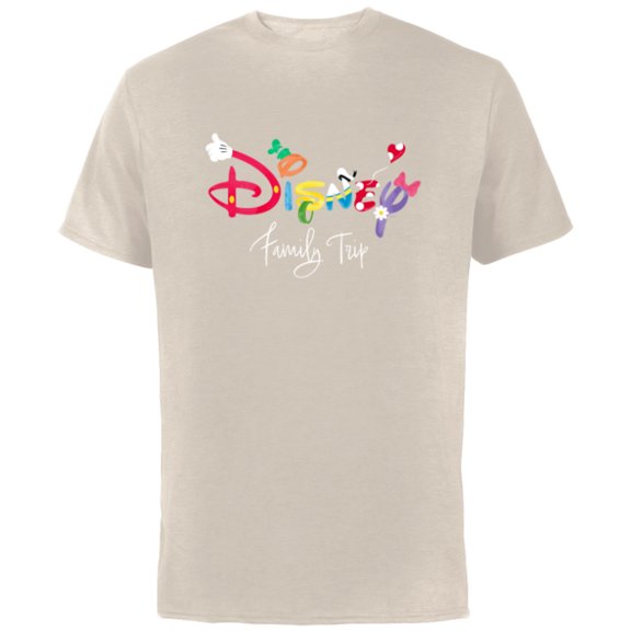 Disney Mickey & Friends Character Letters Disney Family Trip - Short Sleeve Cotton T-Shirt for Adults - Customized-Natural